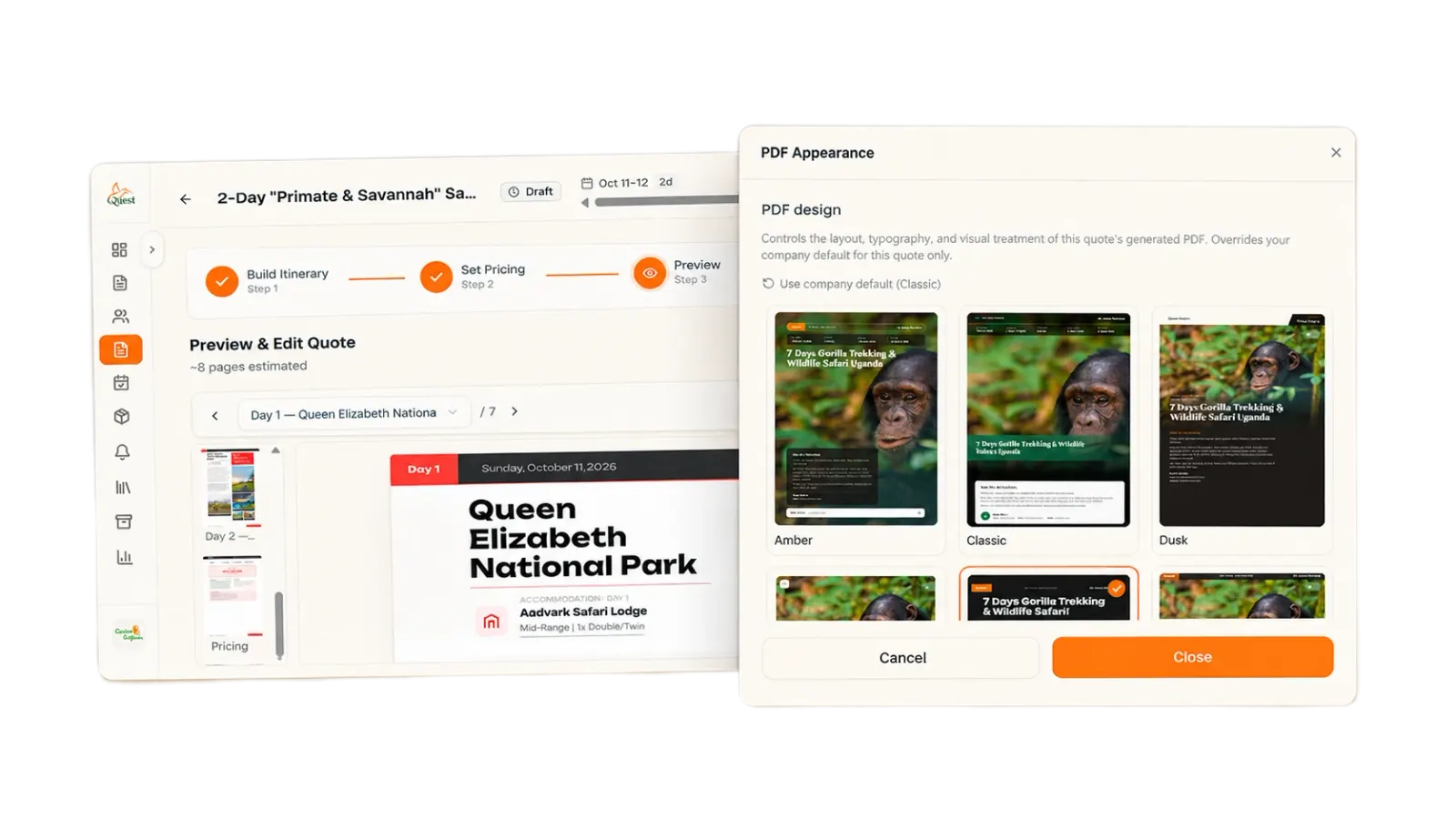 Quest PDF Appearance dialog for choosing a quote design, with a preview of the quote pages
