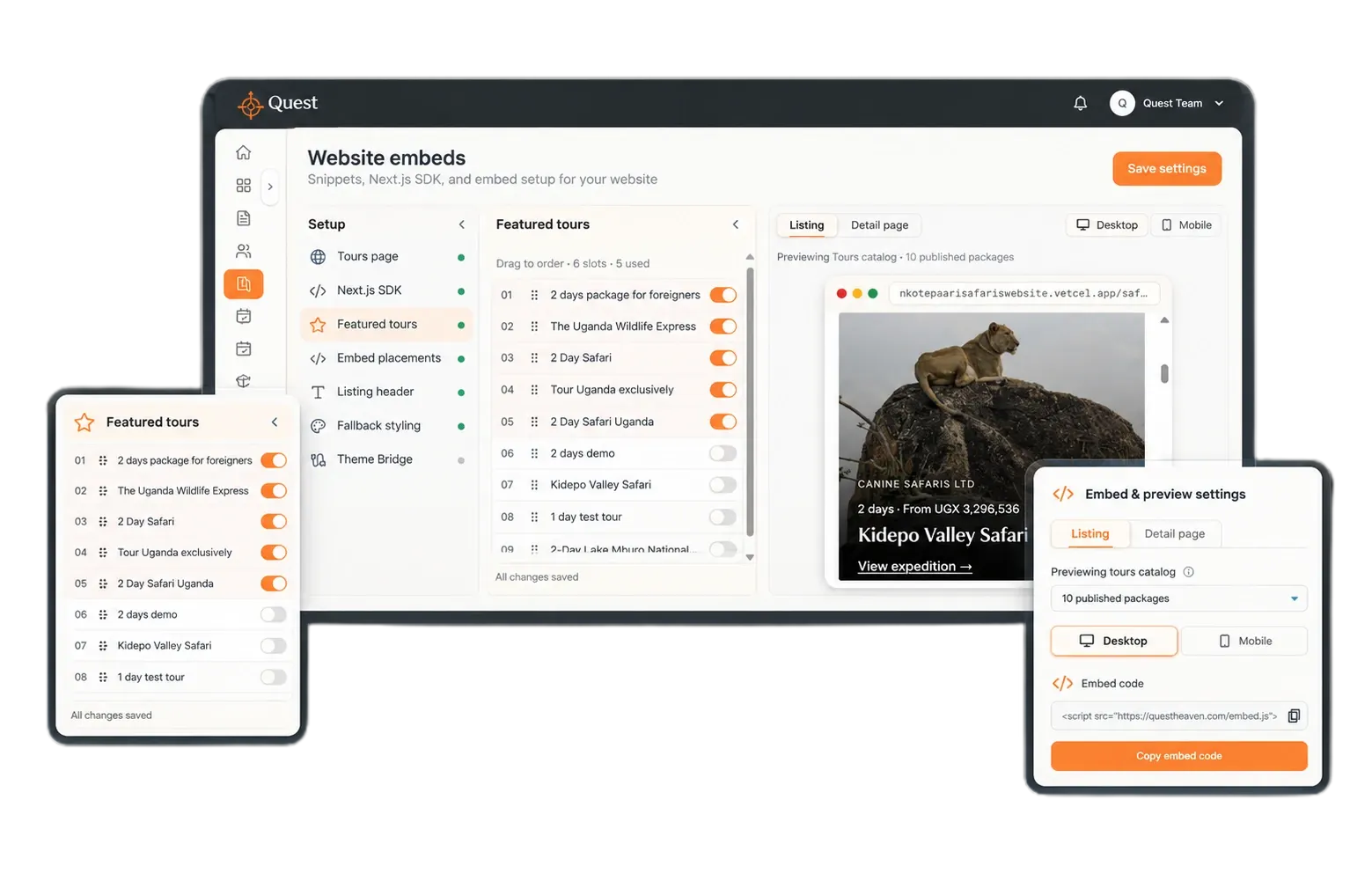 Quest Website embeds settings with featured tours, a live website preview and embed code